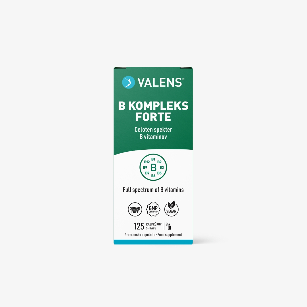 Valens B kompleks Forte Ustno pršilo z visokim odmerkom celotnega spektra vitaminov skupine B.