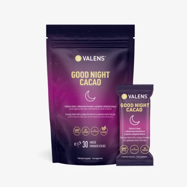 Valens Good Night Cacao je inovativno prehransko dopolnilo, namenjeno vsem odraslim, ki si želijo prijetnega in umirjenega zaključka dneva.