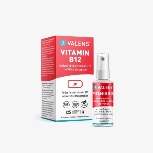 Ustno pršilo Valens Vitamin B12 z odličnim okusom češnje, ki vsebuje aktivno obliko vitamina B12 – metilkobalamin.