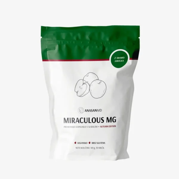 Magnezij Miraculous MG Anasan MD AUTUMN EDITION je prehransko dopolnilo z manganom, vitaminom B6 in aromo jabolka za prijetnejši okus.