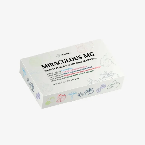 Komplet Miraculous MG magnezij v prahu združuje 5 okusov in 6 organskih oblik magnezija z vitaminom B6 ter manganom. Magnezij prispeva k zmanjševanju utrujenosti ter normalnemu delovanju mišic in živčnega sistema.