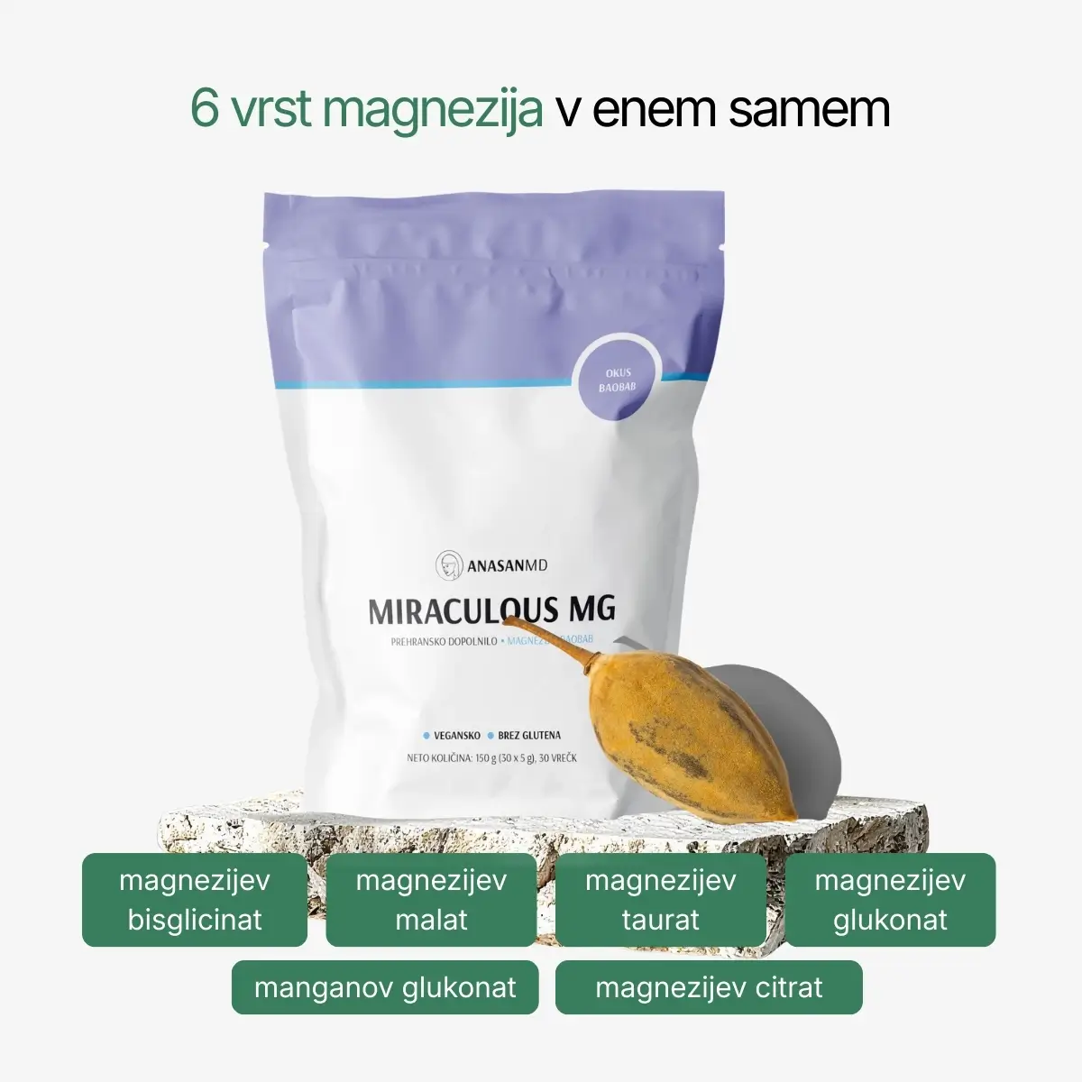 Anasan MD magnezij Miraculous MG z dodanimi plodovi baobaba vsebuje 6 virov magnezija, prispeva k zmanjševanju utrujenosti in delovanju živčnega sistema.
