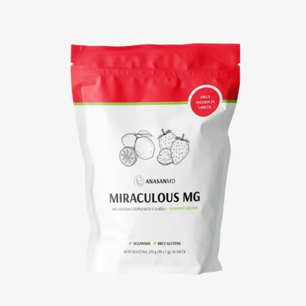 Anasan MD magnezij Summer Edition z okusom jagoda–limeta vsebuje 6 vrst magnezija za zmanjševanje utrujenosti in delovanju živčnega sistema.
