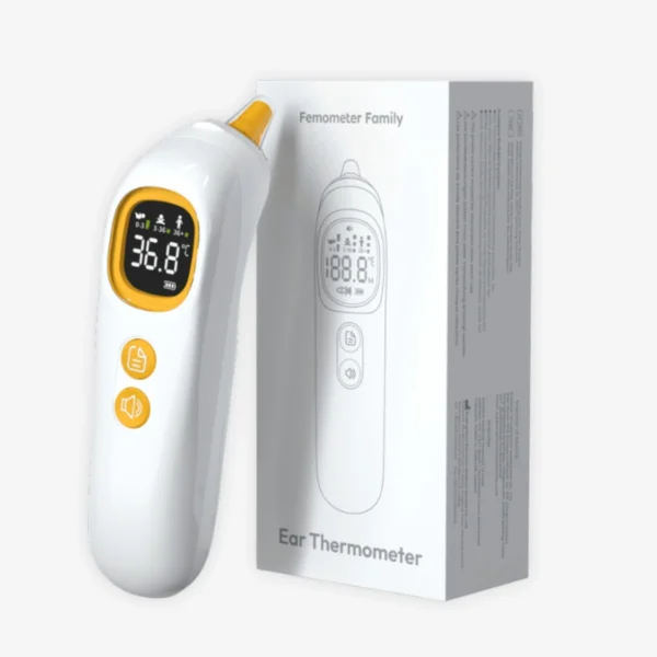 Ušesni termometer Femometer ET107, klinična natančnost v 1 sekundi. Barvno vodenje po starosti s tihim načinom, 32 shranjenimi meritvami. Za vso družino.