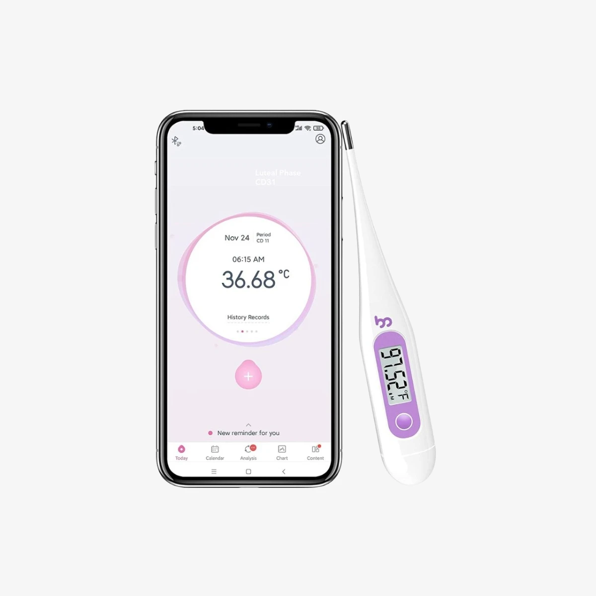 Digitalni bazalni termometer VincaLite omogoča merjenje bazalne telesne temperature vsak dan v tvojem ciklu, kar pomaga pri določanju in napovedi ovulacije.