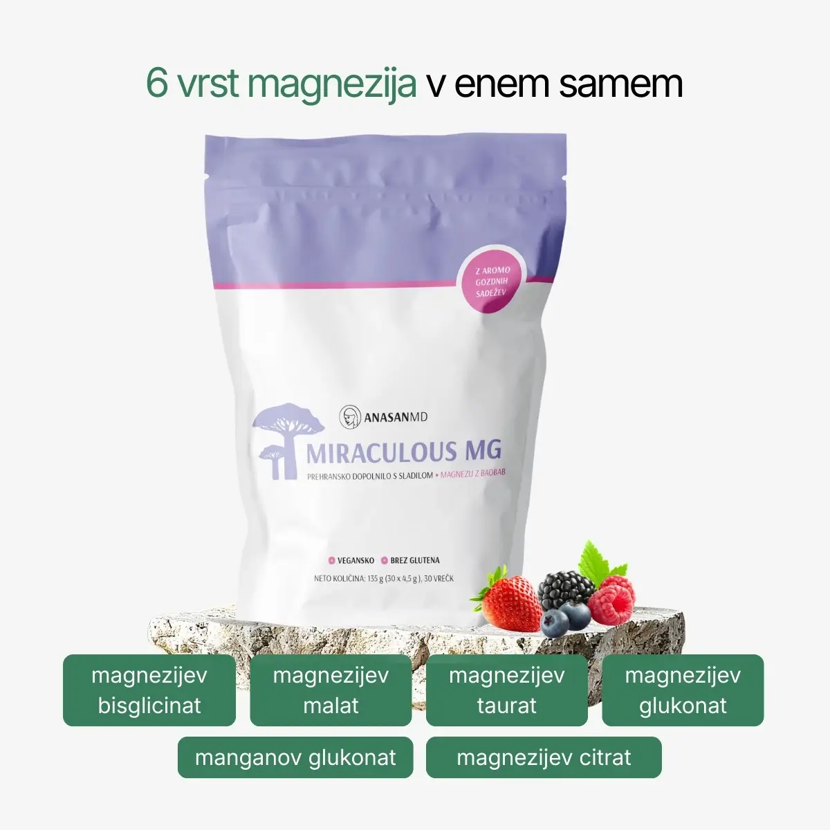 Magnezij Miraculous MG Anasan MD prehransko dopolnilo z dodanimi plodovi afriškega baobaba in aromo gozdih sadežev za prijetnejši okus.