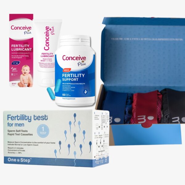 Paket moške plodnosti L združuje test sperme, Majella spodnjice, Conceive Plus lubrikant in prehransko dopolnilo – vse, kar potrebuješ za boljšo plodnost.
