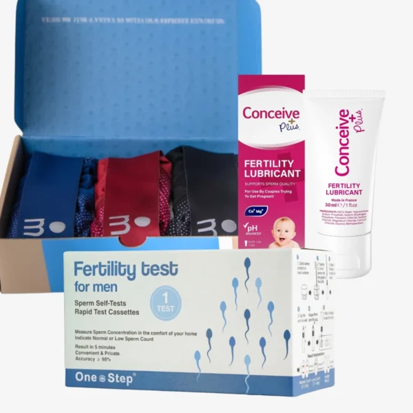 Paket moške plodnosti M: OneStep test sperme, Majella spodnjice in Conceive Plus lubrikant – popolna kombinacija za boljše možnosti zanositve.