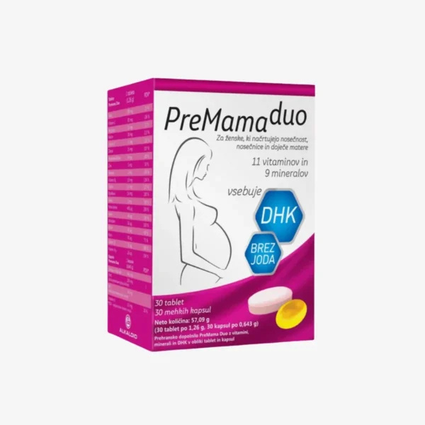 Prehransko dopolnilo PreMama Duo, ki omogoča pokrivanje povečanih potreb ženskega telesa po vitaminih, mineralih in DHK pred zanositvijo, med nosečnostjo..