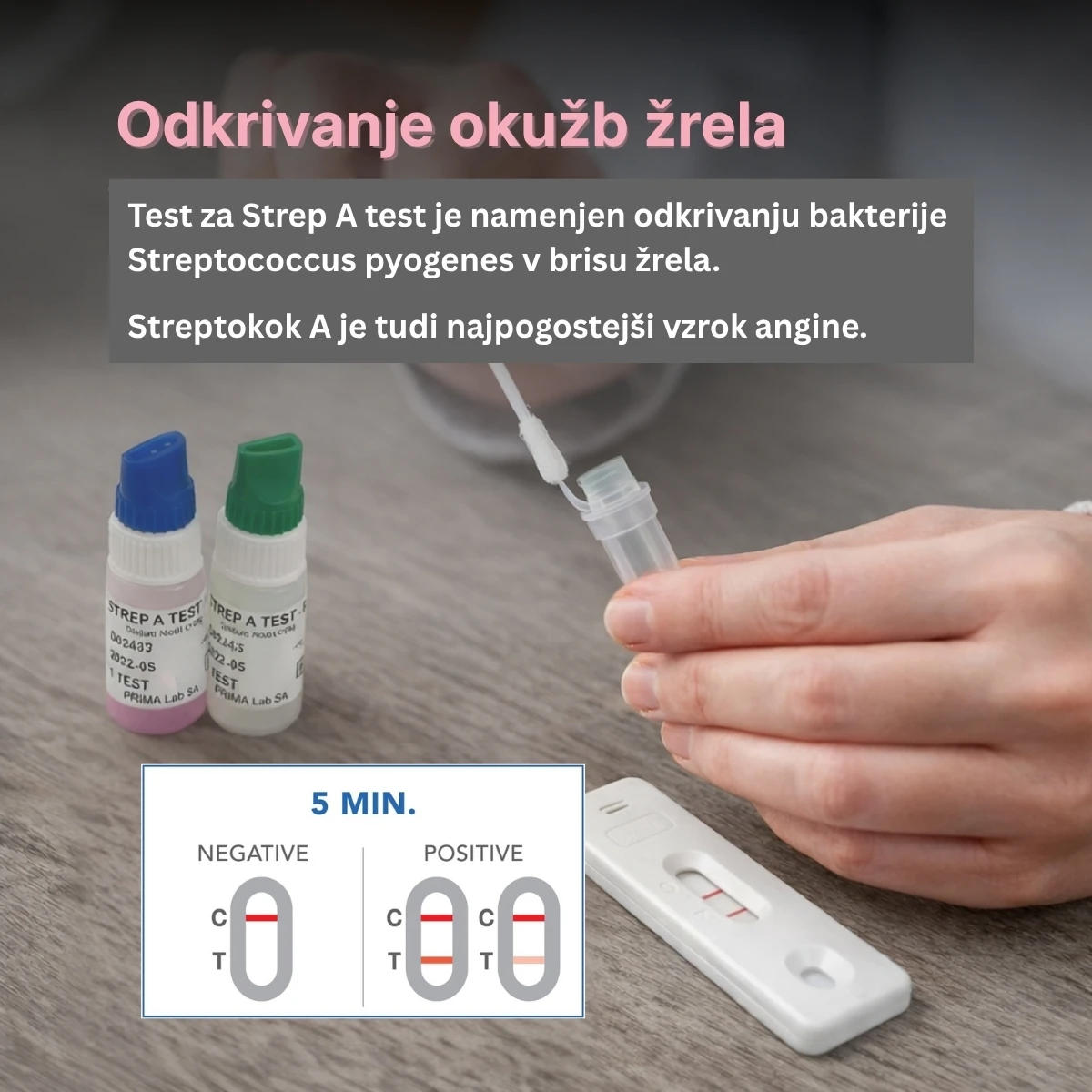Test za Strep A test je namenjen odkrivanju bakterije Streptococcus pyogenes v brisu žrela.