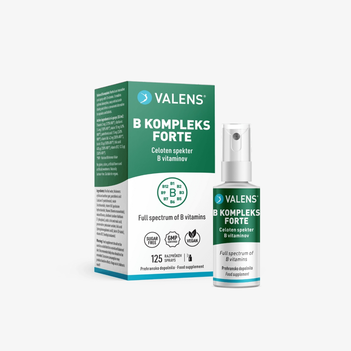 Valens B kompleks Forte Ustno pršilo z visokim odmerkom celotnega spektra vitaminov skupine B.