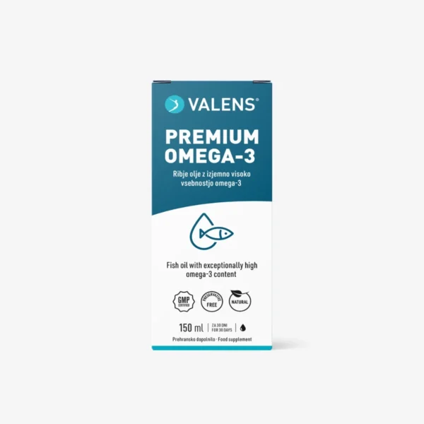 Valens Premium Omega-3 ribje olje z naravno aromo limone in izredno visokim odmerkom omega-3.