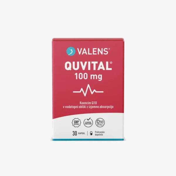 Quvital® 100 mg kapsule – edinstvena vodotopna oblika koencima Q10 z izboljšano biorazpoložljivostjo. Podpira srce, energijo in vitalnost.