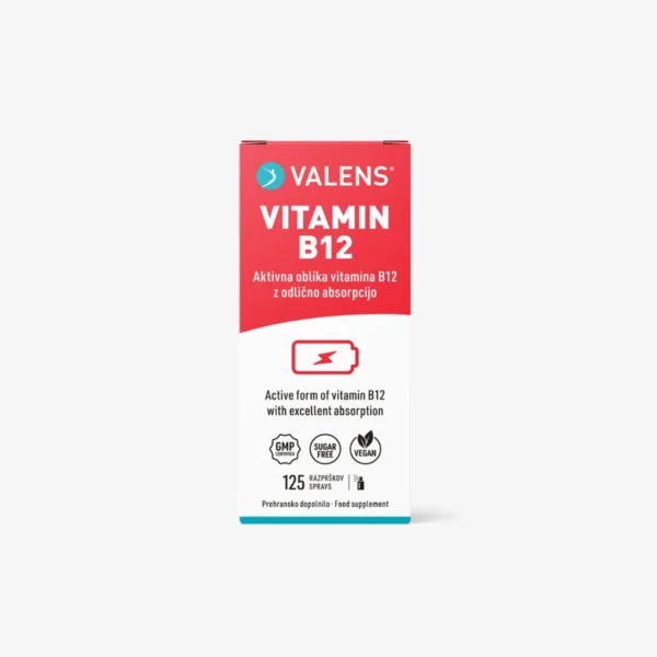 Ustno pršilo Valens Vitamin B12 z odličnim okusom češnje, ki vsebuje aktivno obliko vitamina B12 – metilkobalamin.